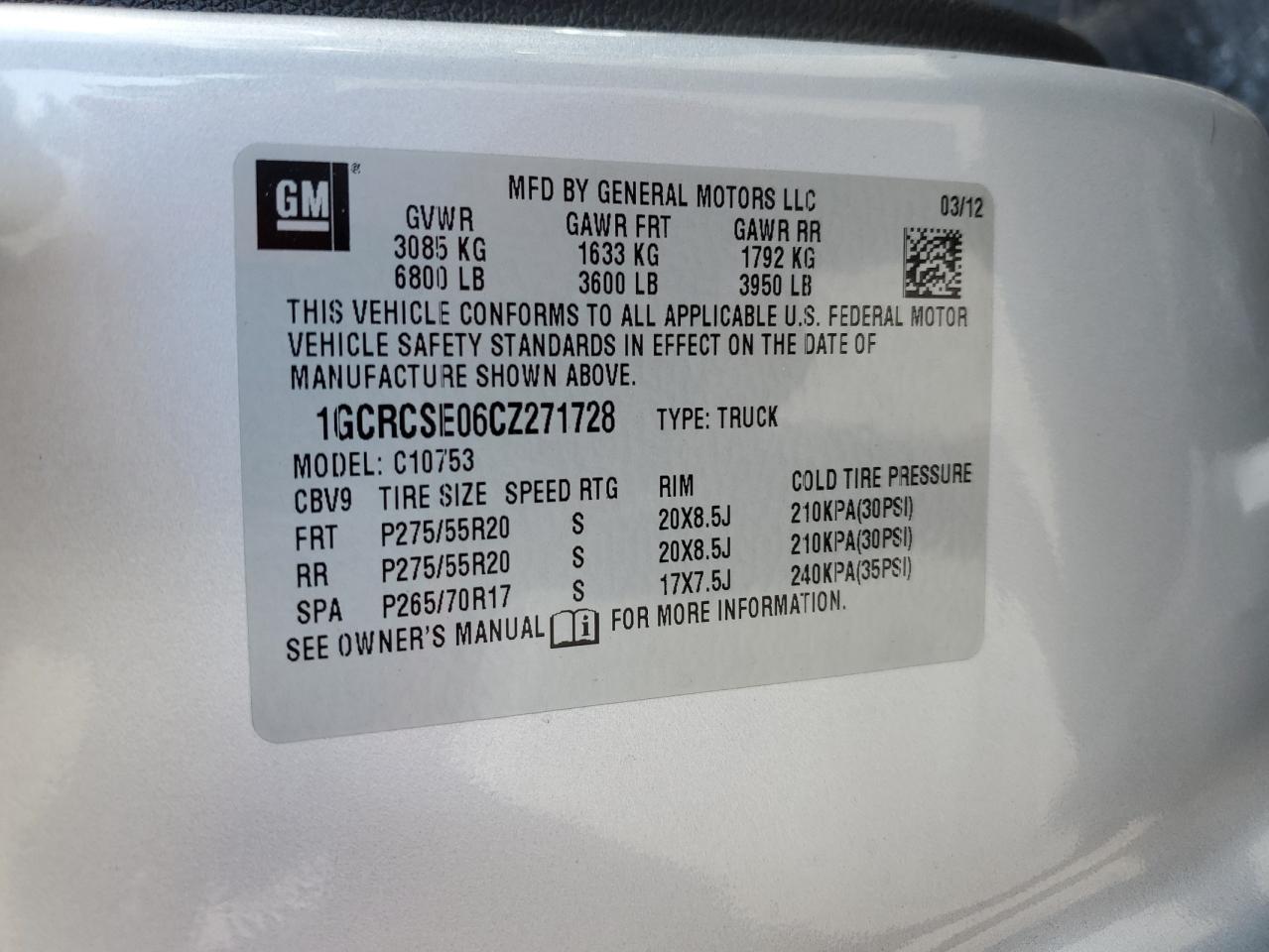 2012 Chevrolet Silverado C1500 Lt VIN: 1GCRCSE06CZ271728 Lot: 70552515