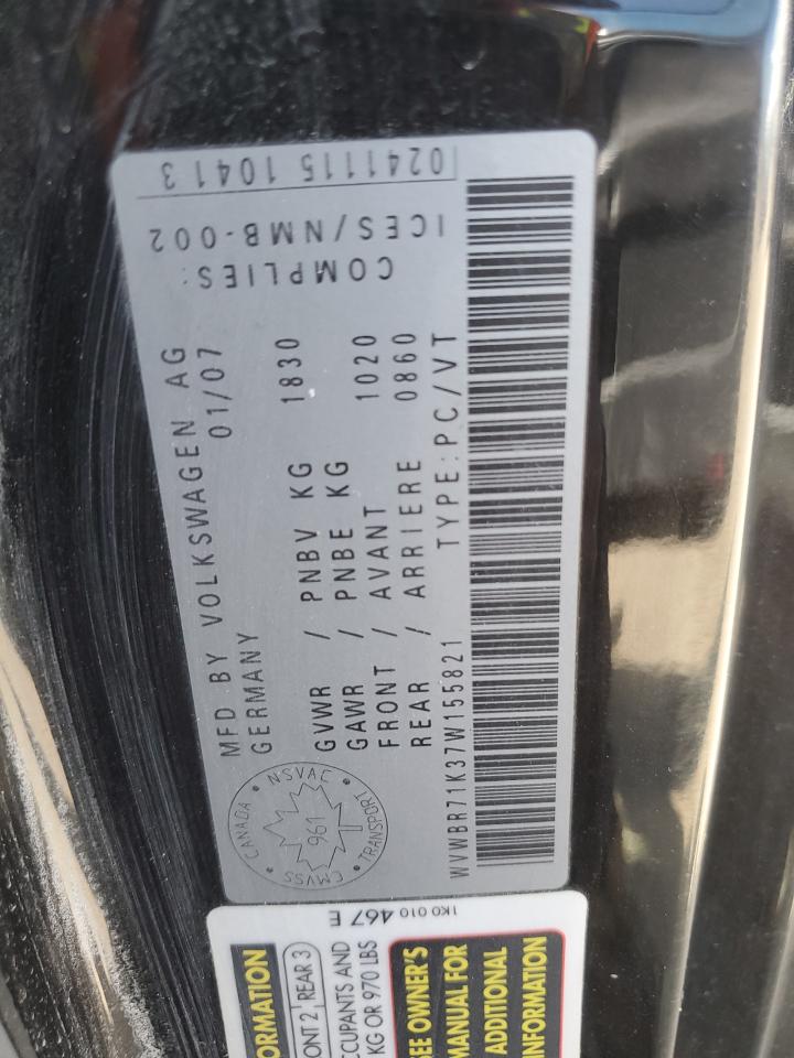 2007 Volkswagen Rabbit VIN: WVWBR71K37W155821 Lot: 67112055