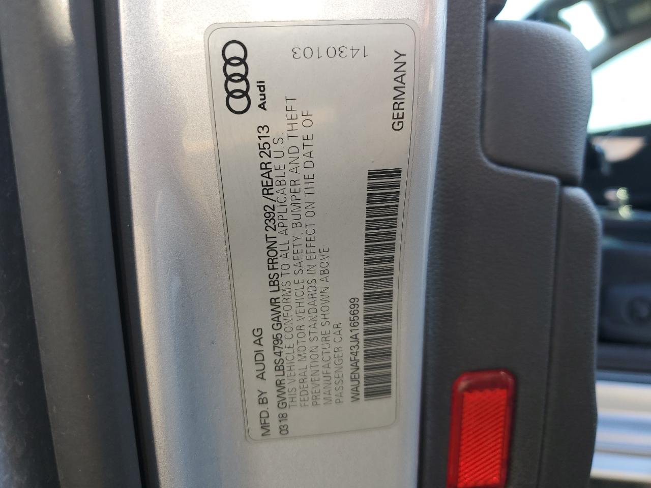 2018 Audi A4 Premium Plus VIN: WAUENAF43JA165699 Lot: 67631225