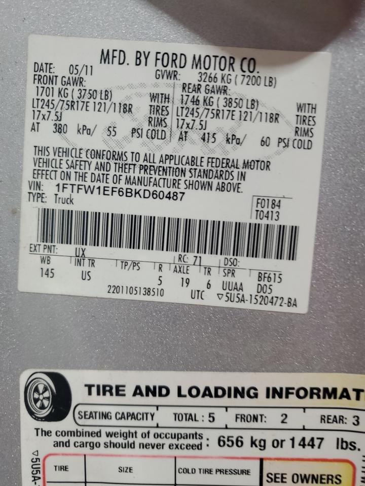 2011 Ford F150 Supercrew VIN: 1FTFW1EF6BKD60487 Lot: 69956625