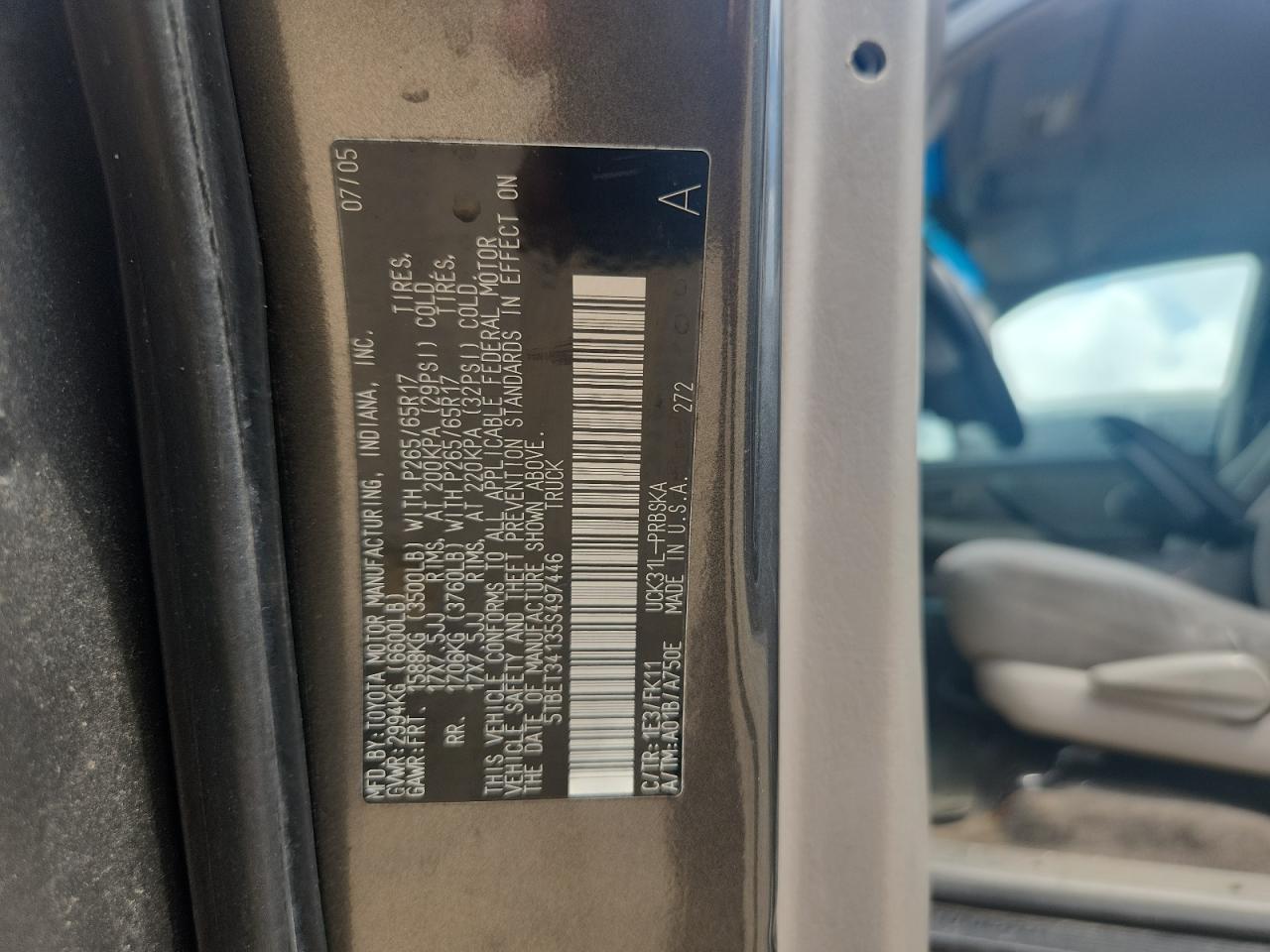 2005 Toyota Tundra Double Cab Sr5 VIN: 5TBET34135S497446 Lot: 67081185