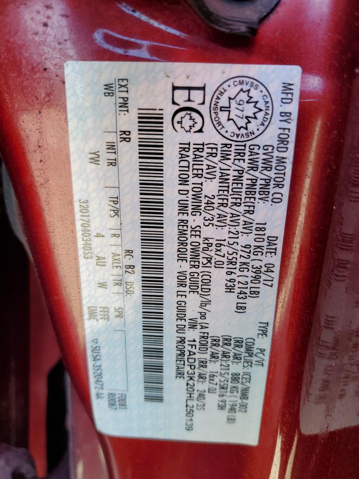 2017 Ford Focus Se VIN: 1FADP3K20HL250139 Lot: 69994165