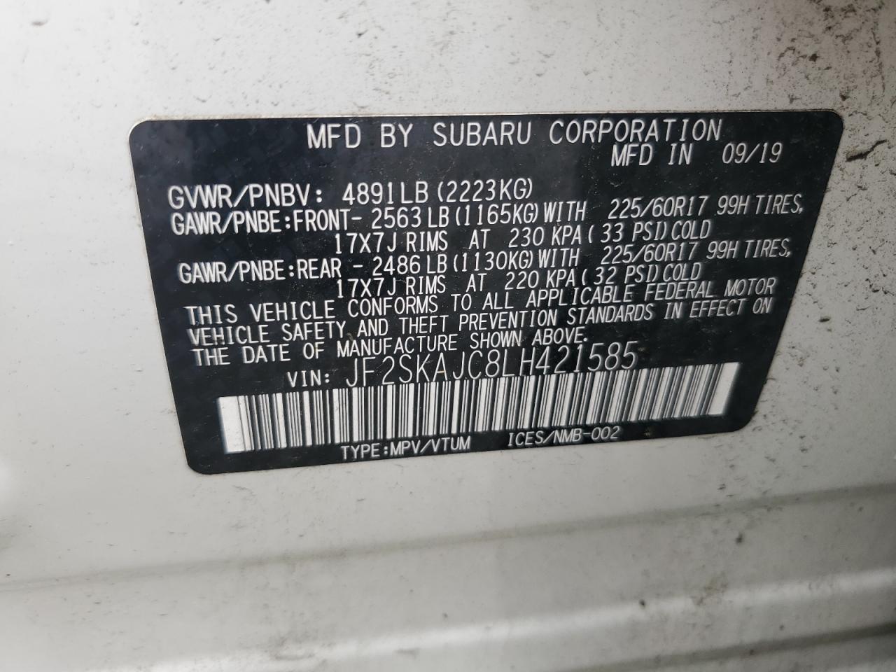 2020 Subaru Forester Premium VIN: JF2SKAJC8LH421585 Lot: 68327985