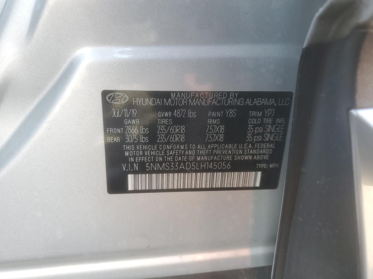 2020 Hyundai Santa Fe Sel VIN: 5NMS33AD5LH145056 Lot: 71096855