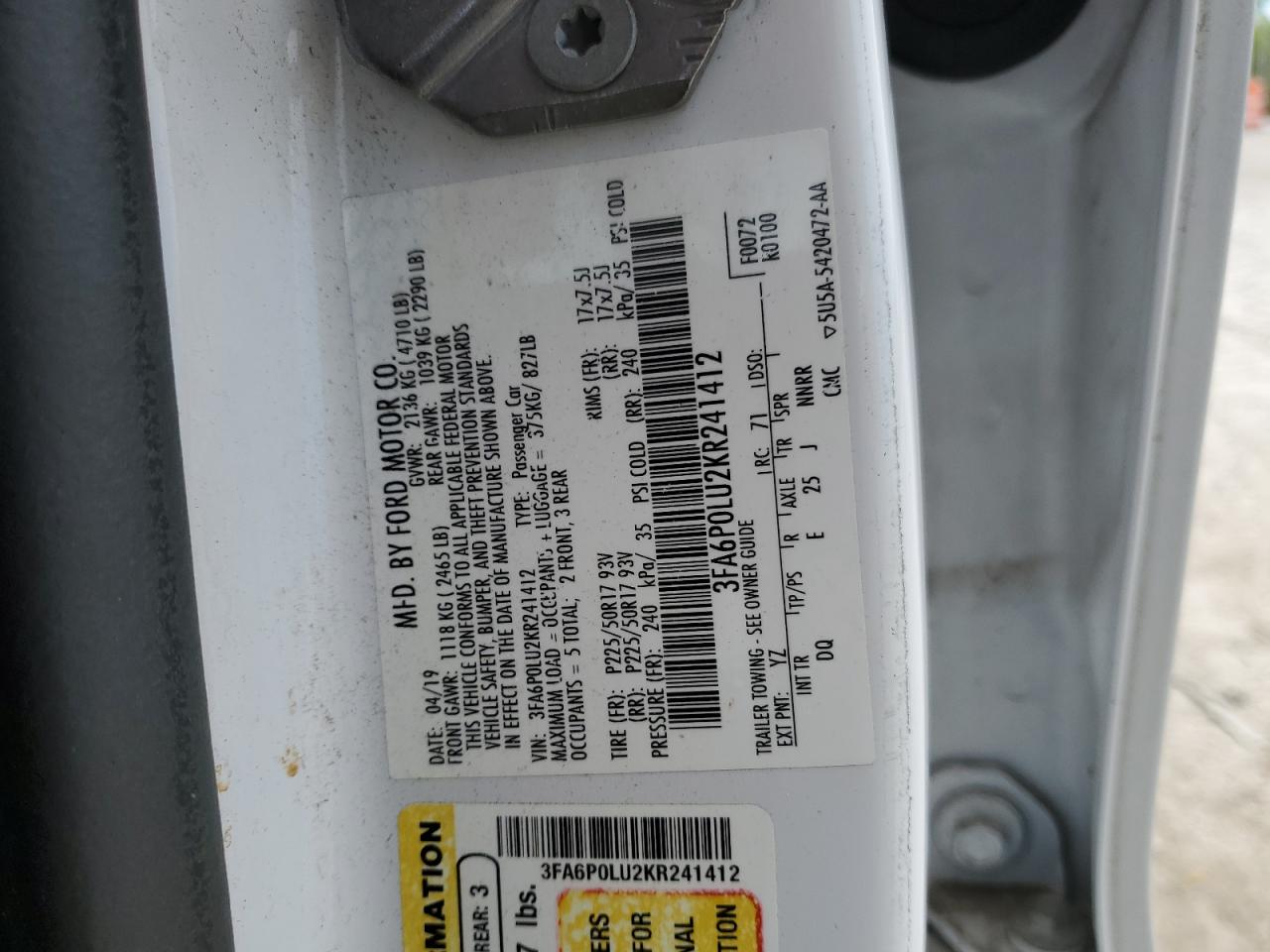 2019 Ford Fusion Se VIN: 3FA6P0LU2KR241412 Lot: 70418505