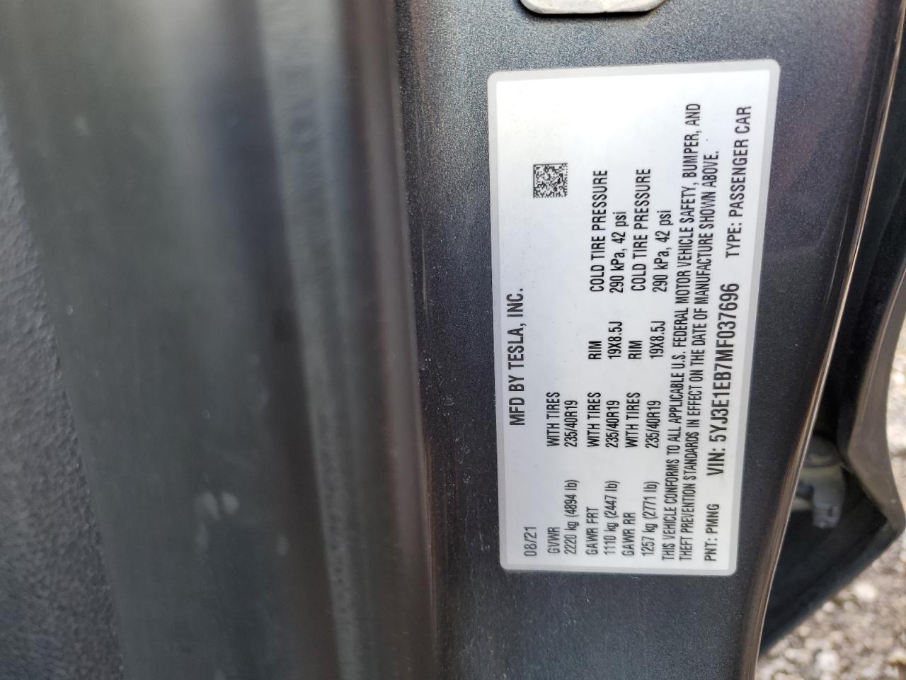 2021 Tesla Model 3 VIN: 5YJ3E1EB7MF037696 Lot: 69614605