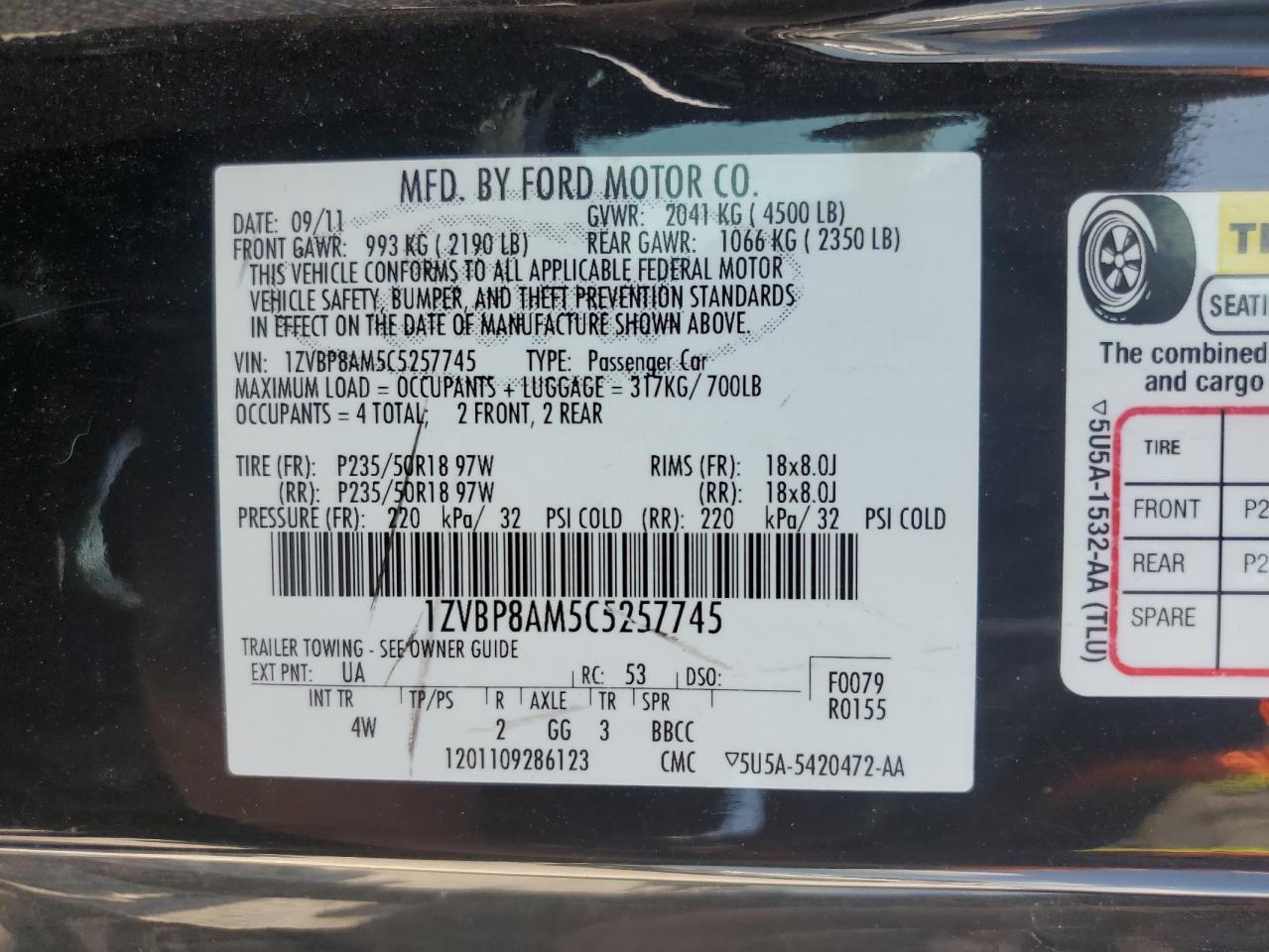 2012 Ford Mustang VIN: 1ZVBP8AM5C5257745 Lot: 69005815