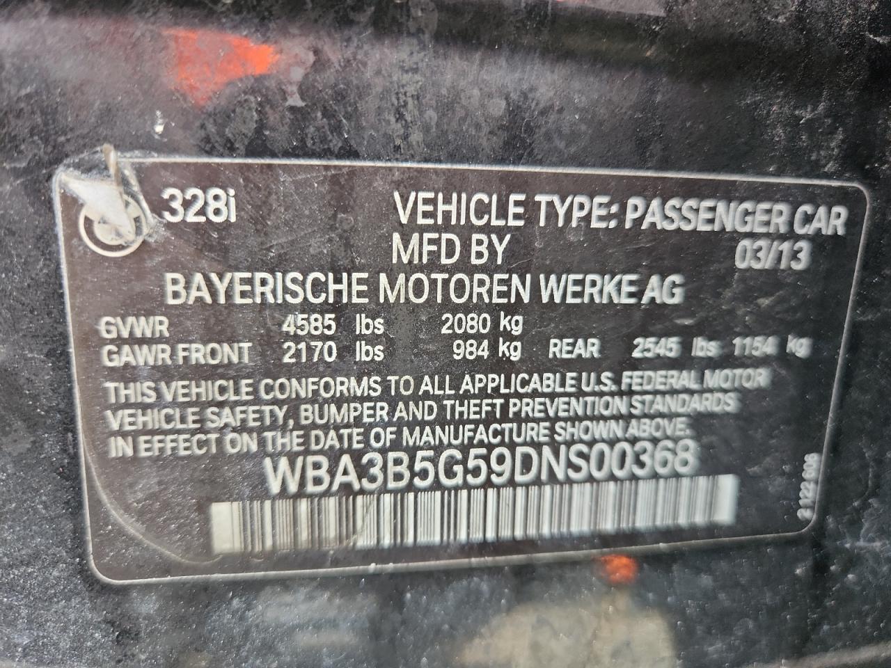 2013 BMW 328 Xi Sulev VIN: WBA3B5G59DNS00368 Lot: 68244265