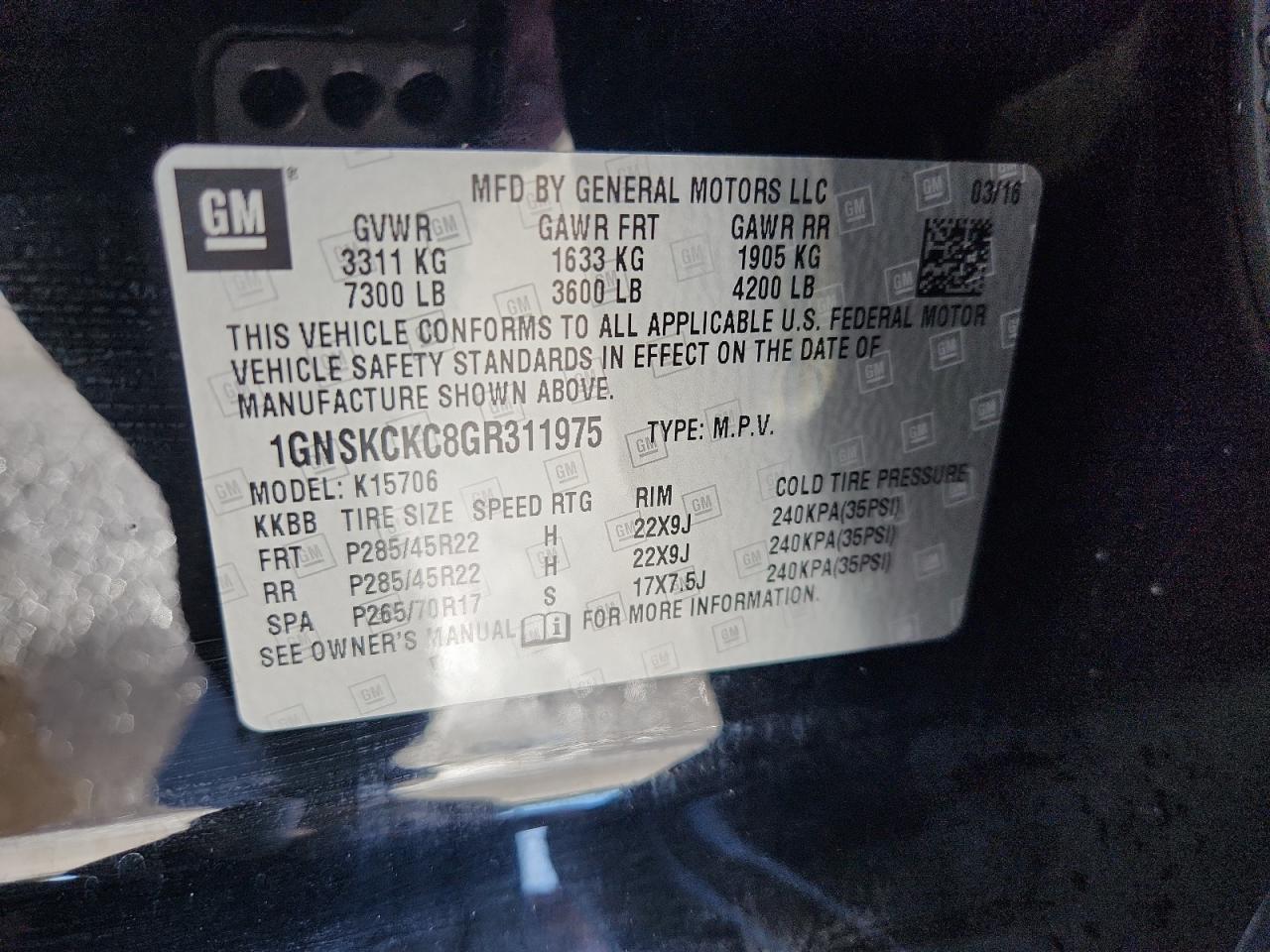 2016 Chevrolet Tahoe K1500 Ltz VIN: 1GNSKCKC8GR311975 Lot: 69664515