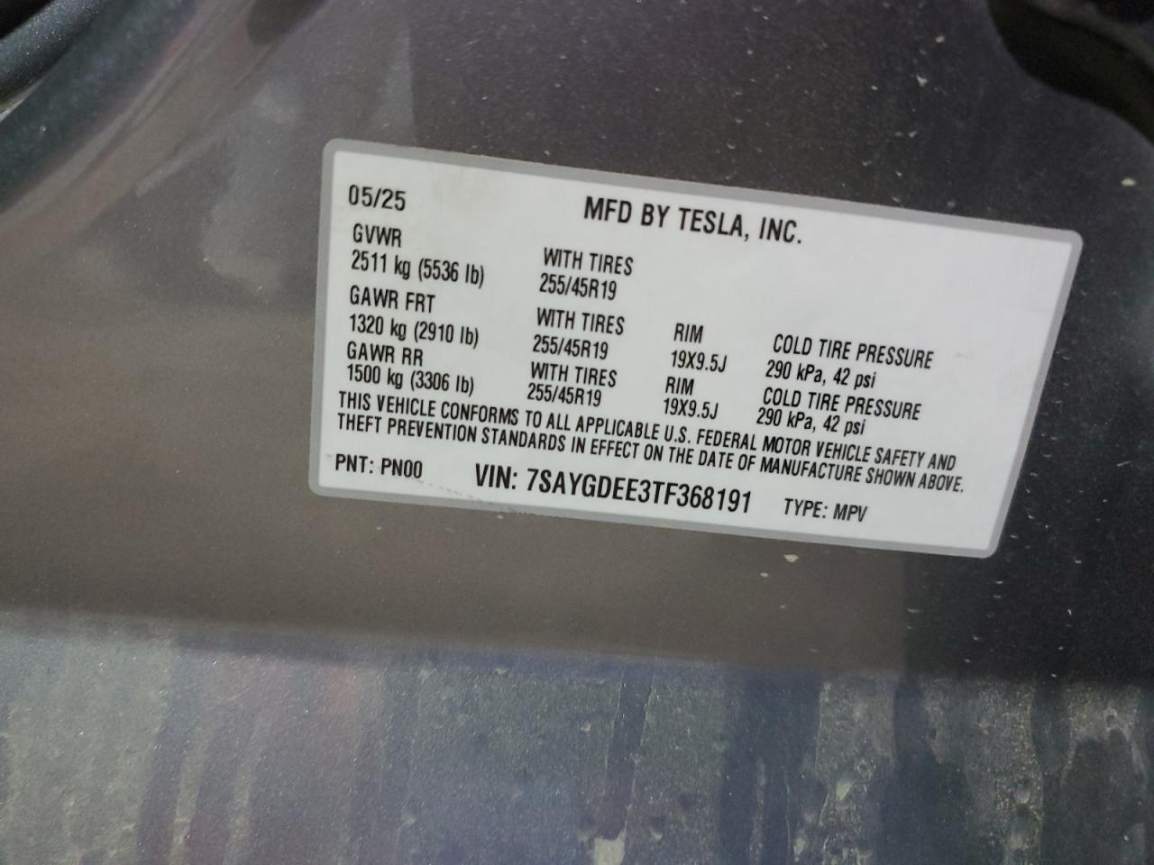 2025 Tesla Model Y VIN: 7SAYGDEE3TF368191 Lot: 68289305