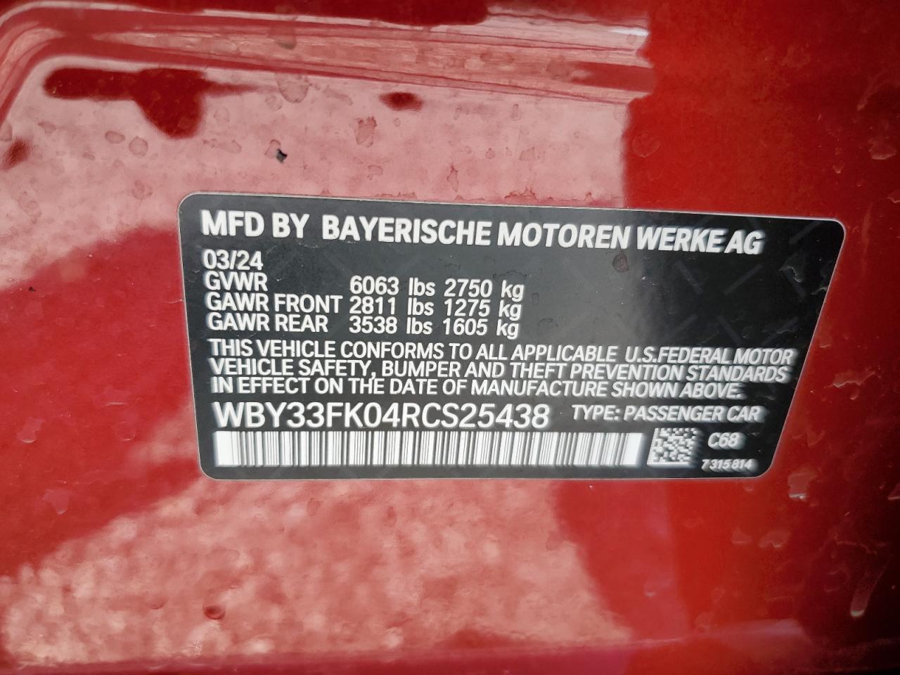 2024 BMW I5 Edrive 40 VIN: WBY33FK04RCS25438 Lot: 70012815