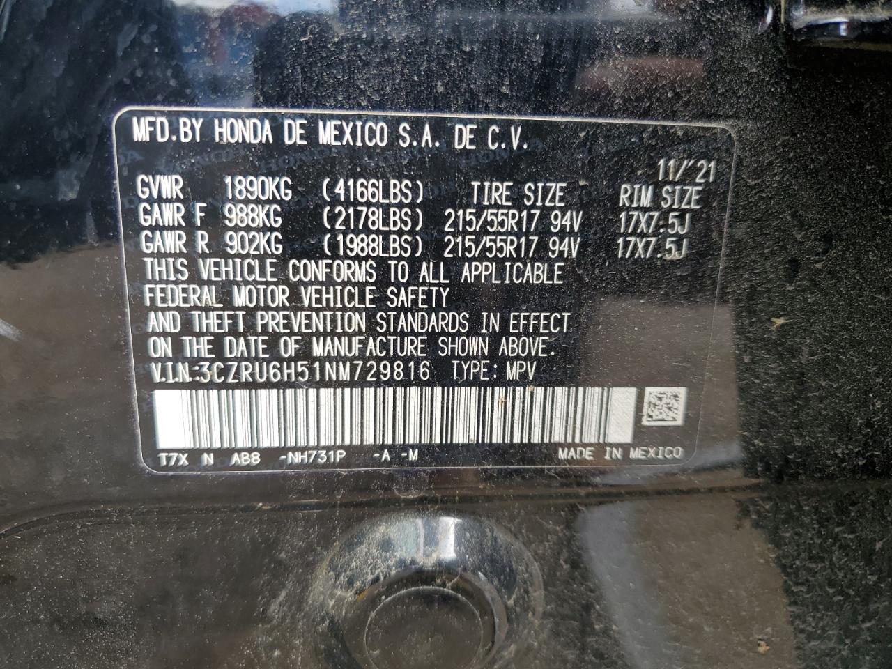 2022 Honda Hr-V Ex VIN: 3CZRU6H51NM729816 Lot: 70467605