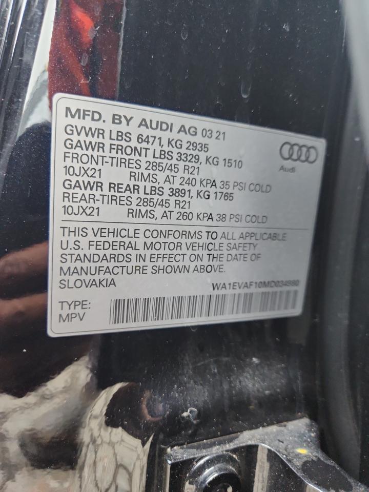 2021 Audi Q8 Premium Plus S-Line VIN: WA1EVAF10MD034980 Lot: 67137385