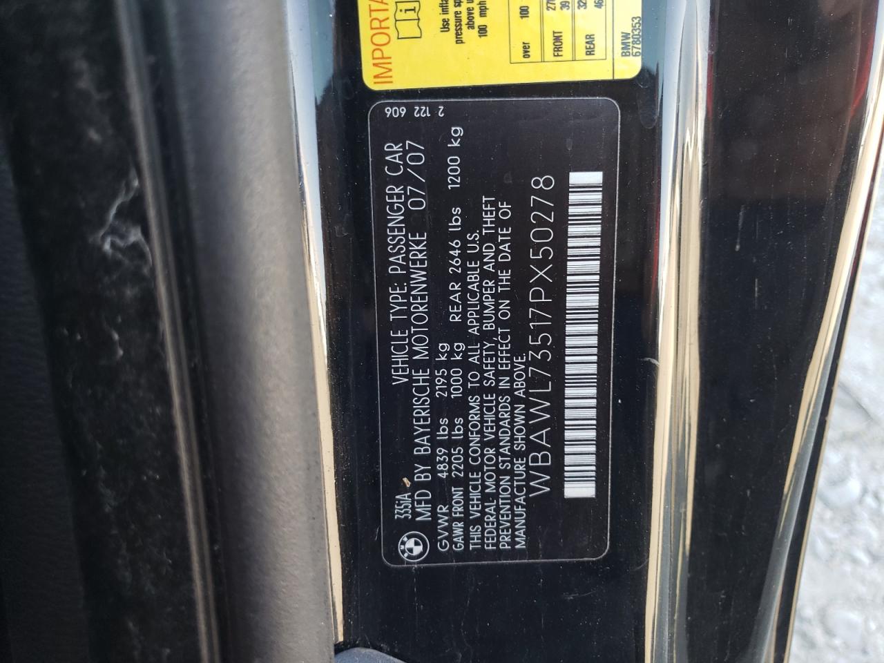 2007 BMW 335 I VIN: WBAWL73517PX50278 Lot: 70484565