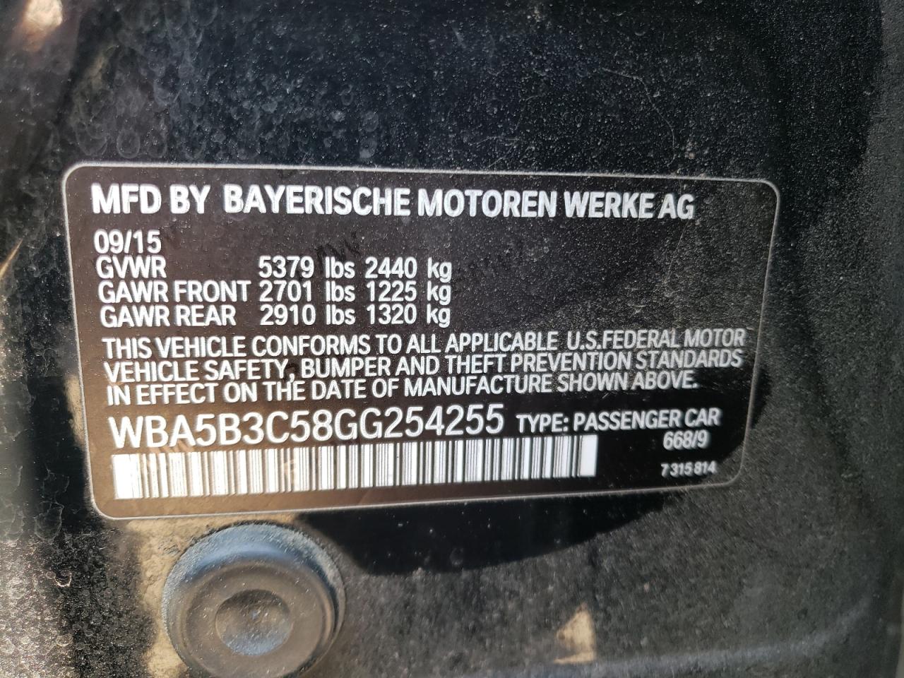 2016 BMW 535 Xi VIN: WBA5B3C58GG254255 Lot: 68351945