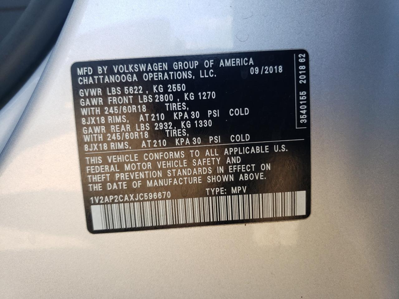 2018 Volkswagen Atlas S VIN: 1V2AP2CAXJC596670 Lot: 68832665