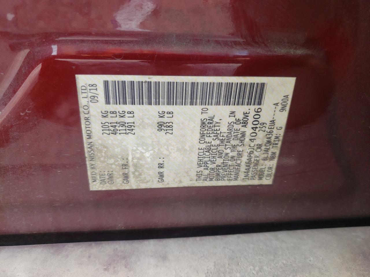 2018 Nissan Maxima 3.5S VIN: 1N4AA6AP6JC404006 Lot: 70185815