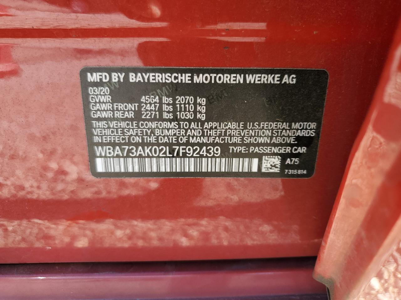 2020 BMW 228Xi VIN: WBA73AK02L7F92439 Lot: 70583795