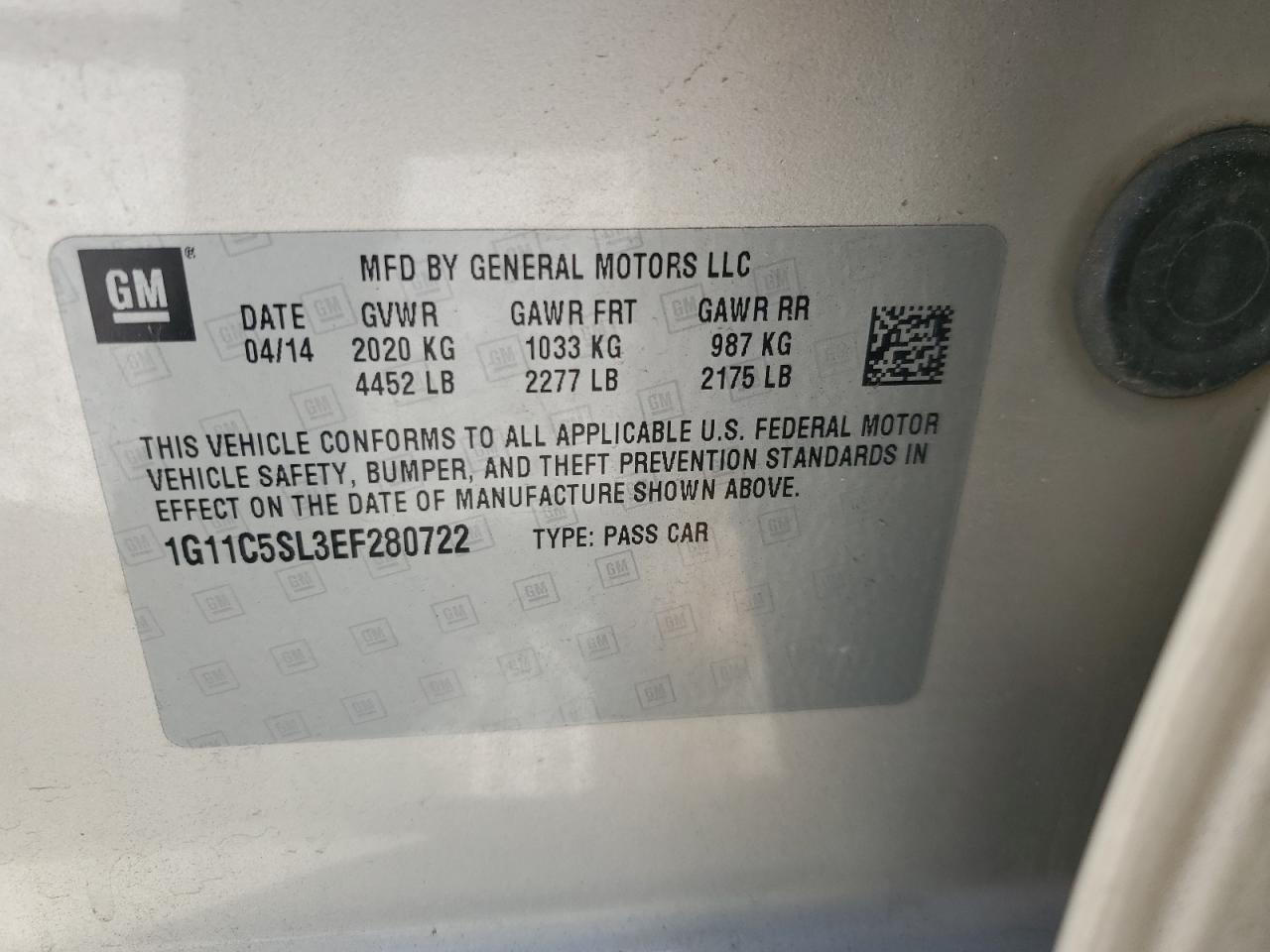 2014 Chevrolet Malibu 1Lt VIN: 1G11C5SL3EF280722 Lot: 69746415