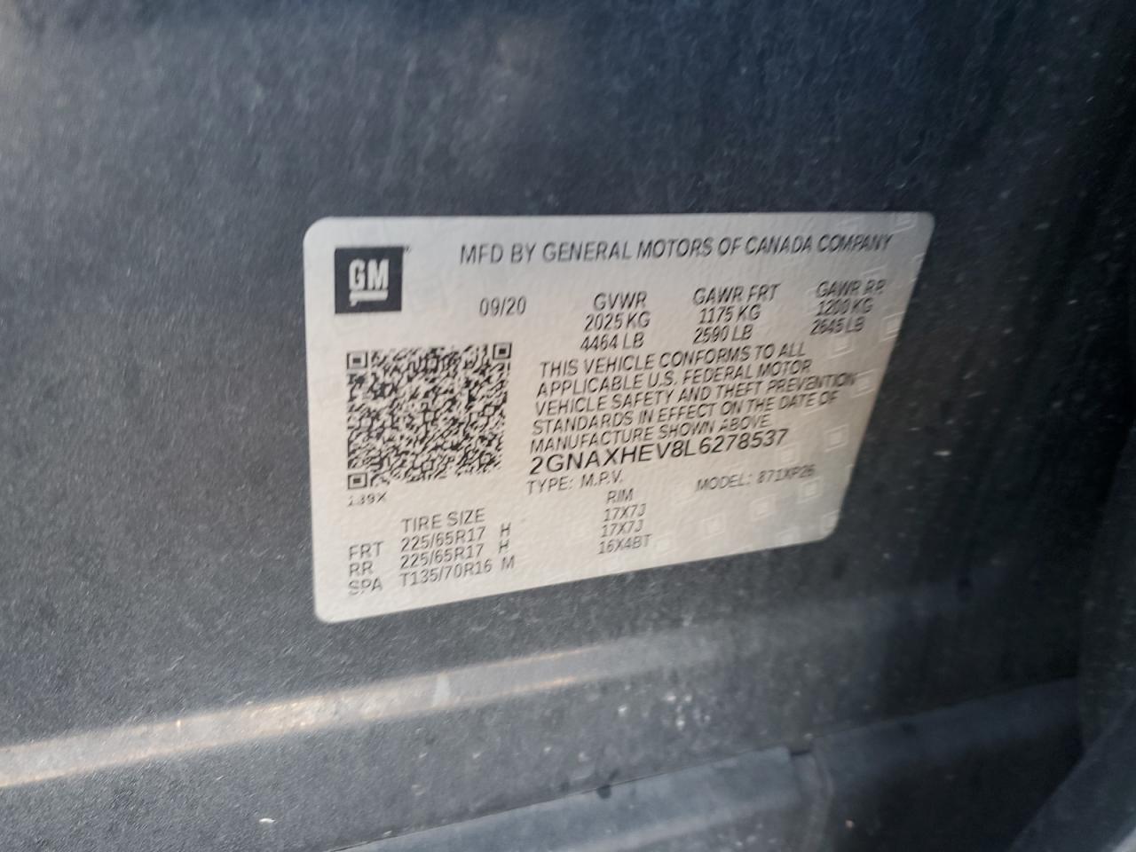 2020 Chevrolet Equinox Ls VIN: 2GNAXHEV8L6278537 Lot: 70926385