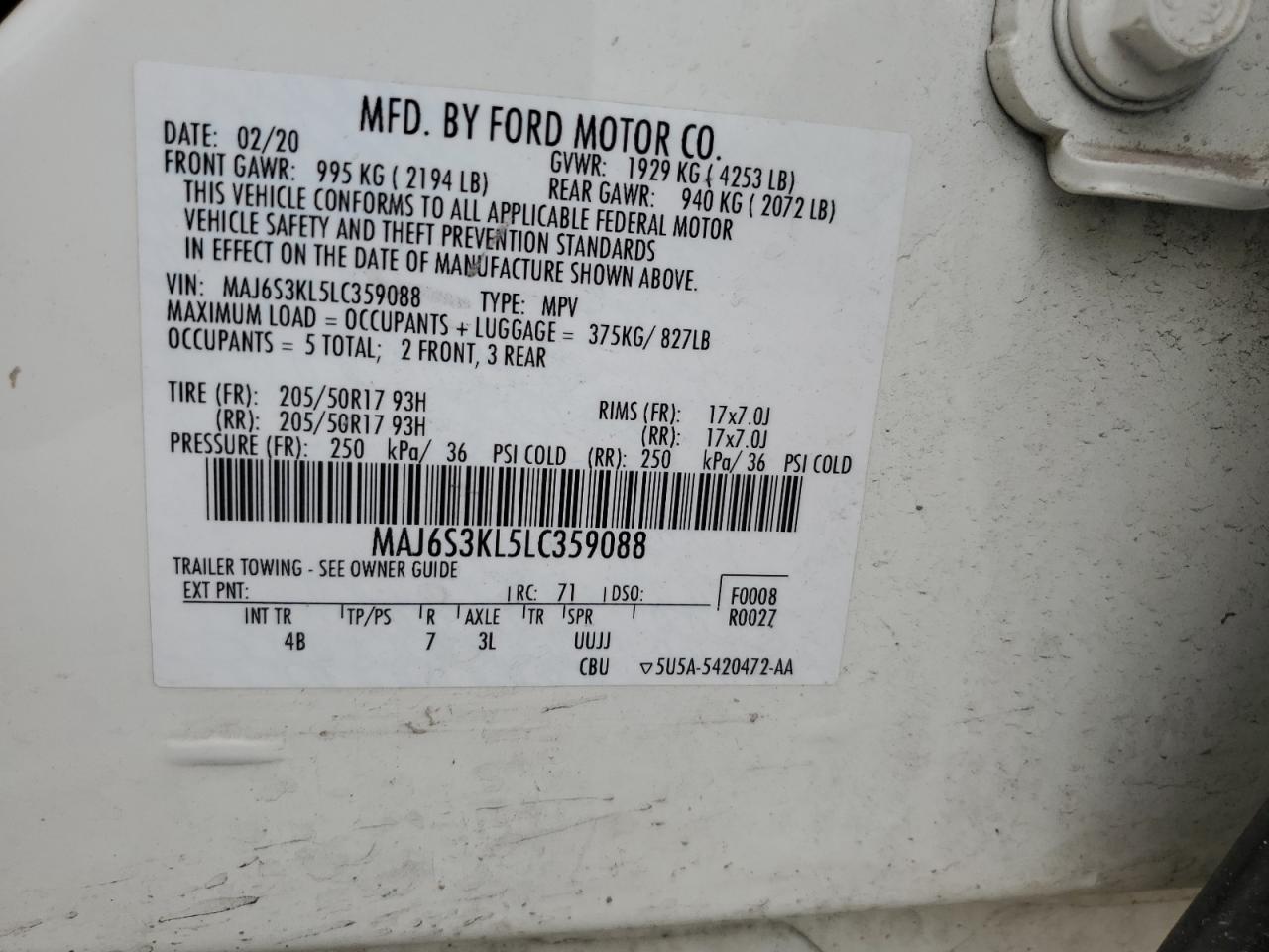 2020 Ford Ecosport Titanium VIN: MAJ6S3KL5LC359088 Lot: 70534155