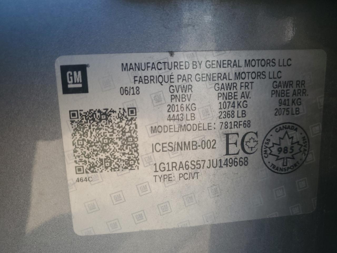 2018 Chevrolet Volt Lt VIN: 1G1RA6S57JU149668 Lot: 67836875