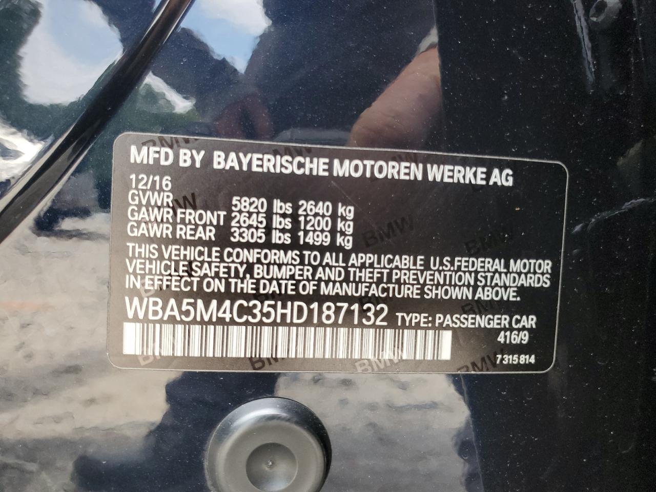 2017 BMW 535 Xigt VIN: WBA5M4C35HD187132 Lot: 69971555