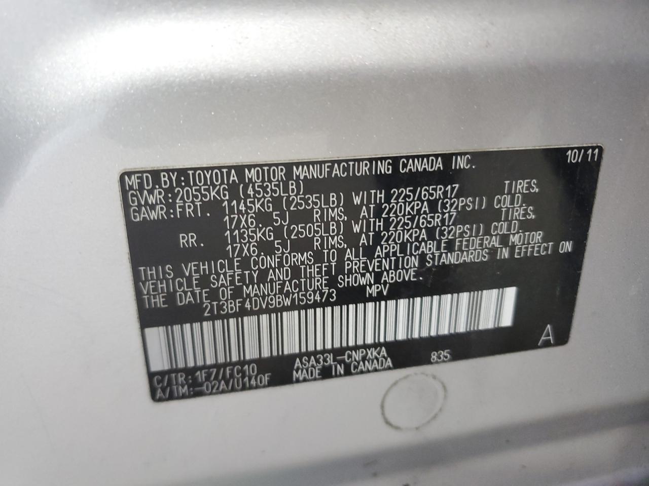 2011 Toyota Rav4 VIN: 2T3BF4DV9BW159473 Lot: 69964435