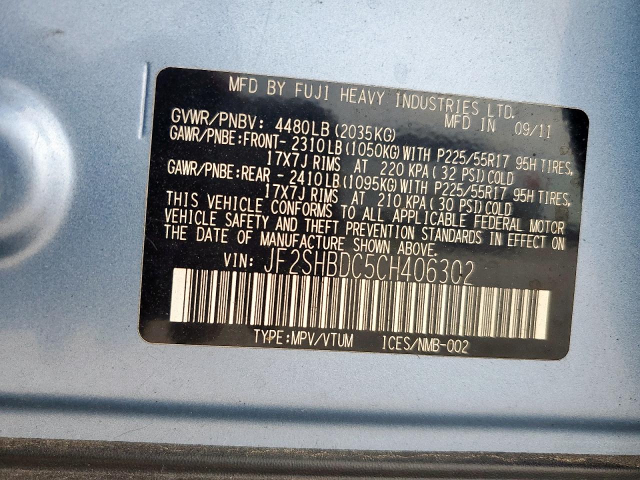 2012 Subaru Forester 2.5X Premium VIN: JF2SHBDC5CH406302 Lot: 69245435