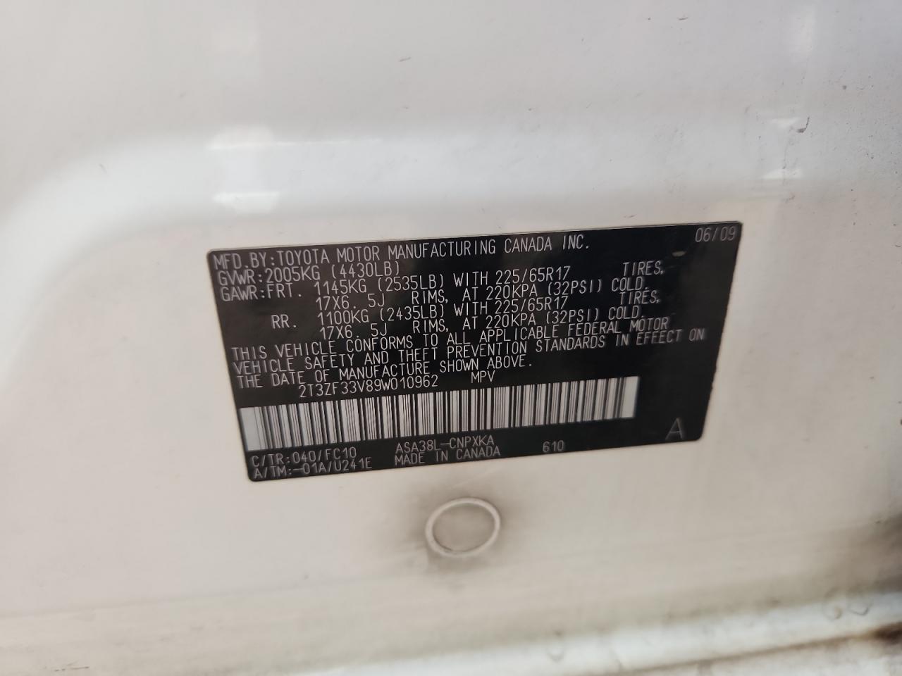 2009 Toyota Rav4 VIN: 2T3ZF33V89W010962 Lot: 69310835