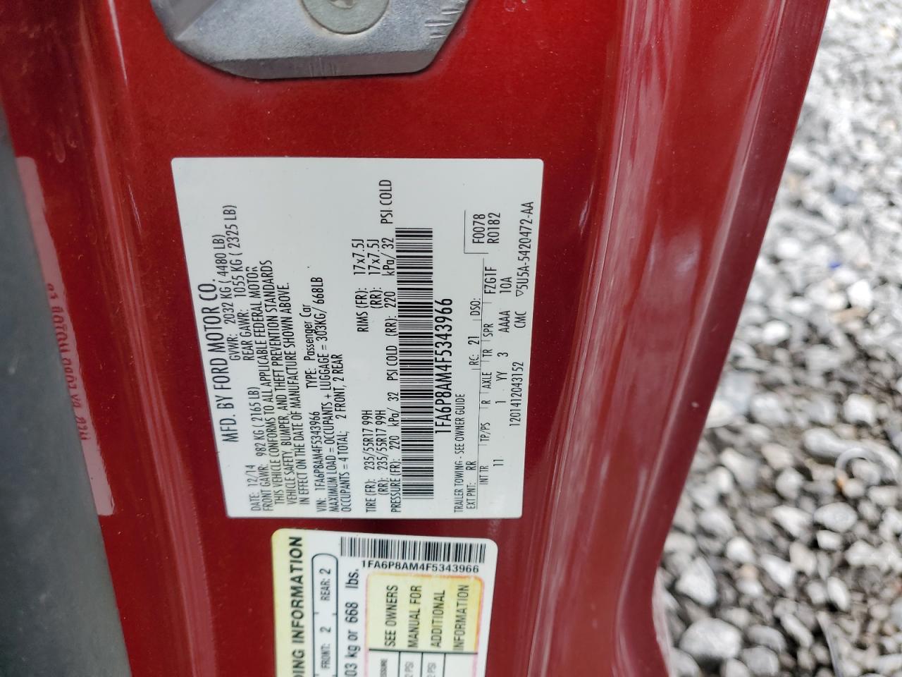 2015 Ford Mustang VIN: 1FA6P8AM4F5343966 Lot: 67437655