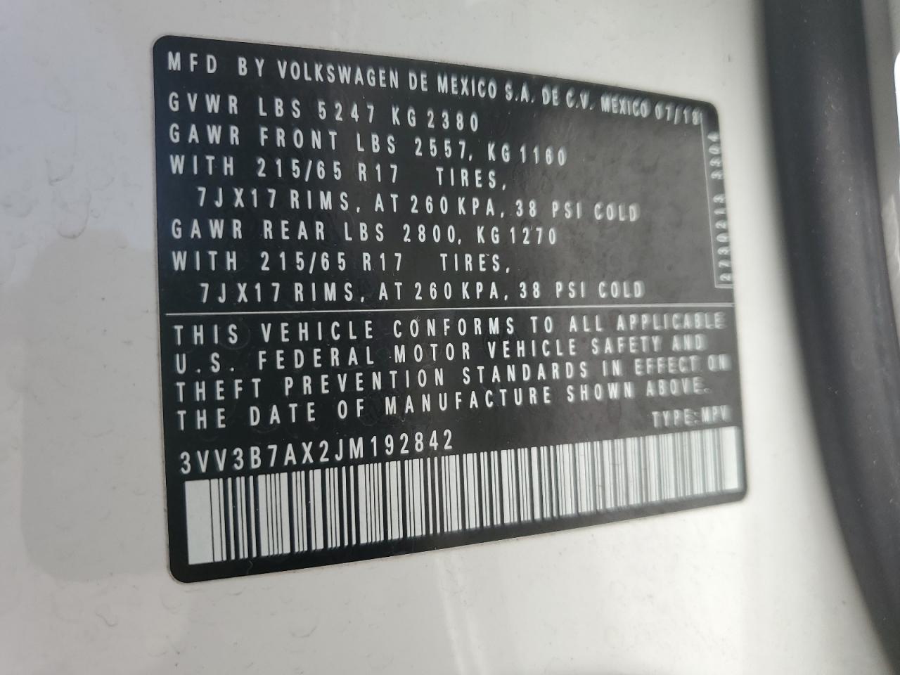 2018 Volkswagen Tiguan Se VIN: 3VV3B7AX2JM192842 Lot: 67861845