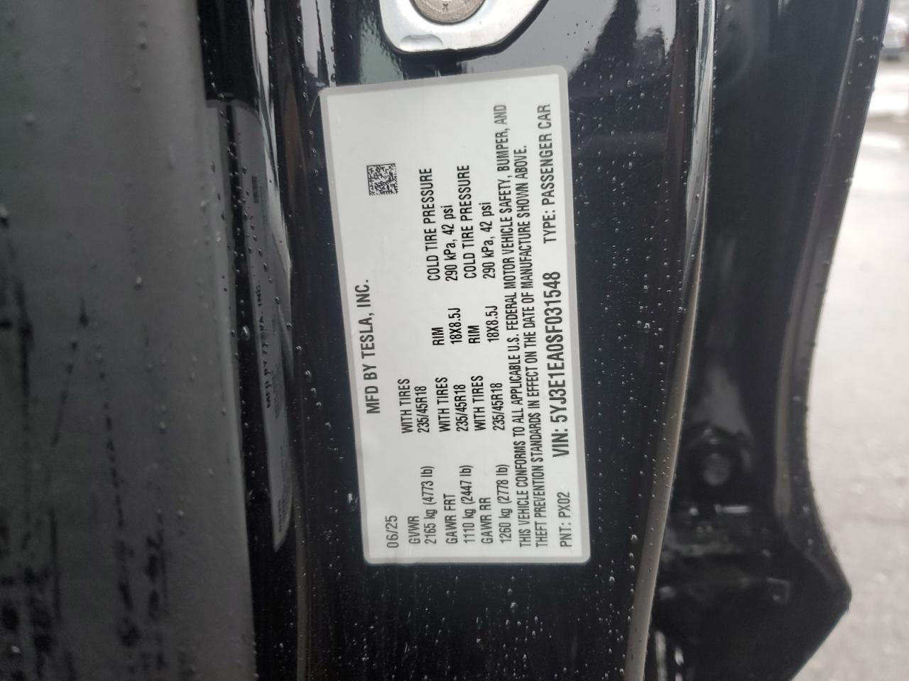 2025 Tesla Model 3 VIN: 5YJ3E1EA0SF031548 Lot: 69654615