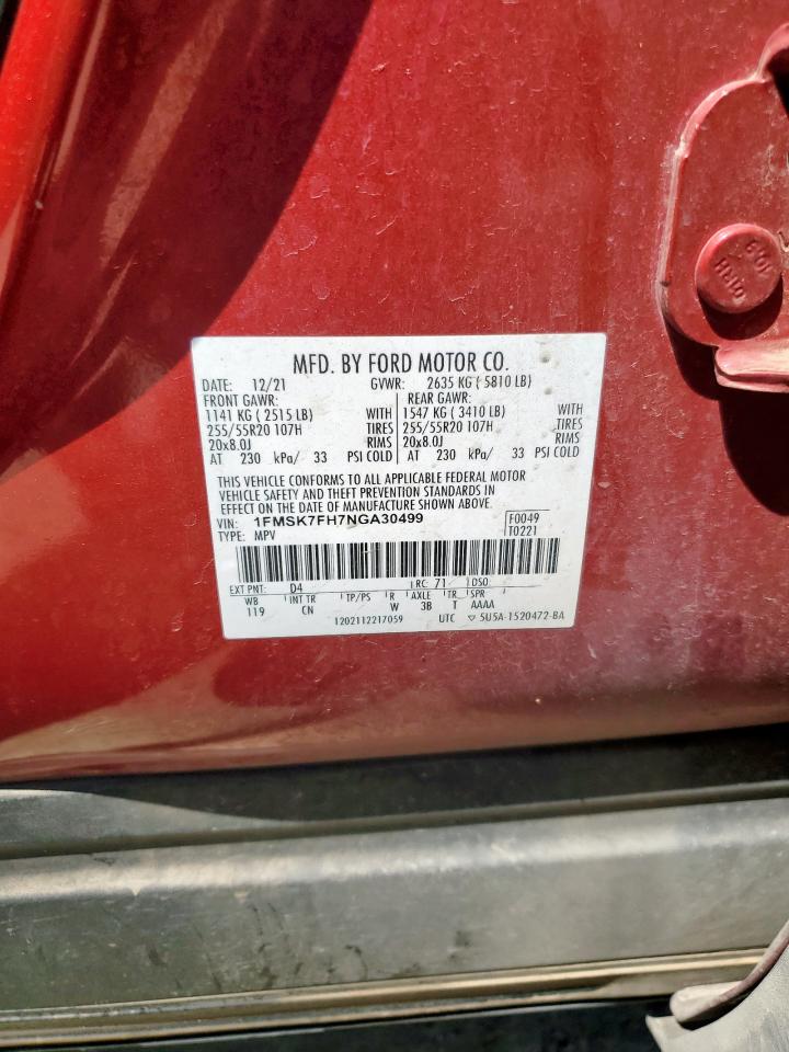 2022 Ford Explorer Limited VIN: 1FMSK7FH7NGA30499 Lot: 67663755