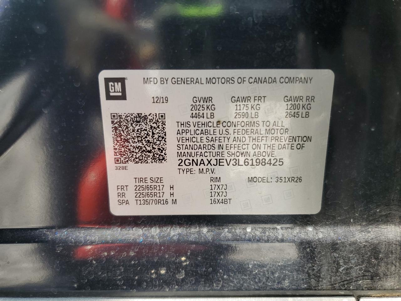 2020 Chevrolet Equinox Lt VIN: 2GNAXJEV3L6198425 Lot: 70176475