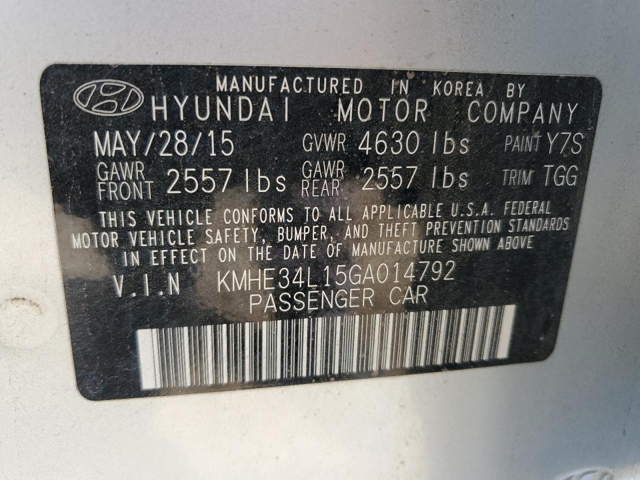 2016 Hyundai Sonata Hybrid VIN: KMHE34L15GA014792 Lot: 70359025