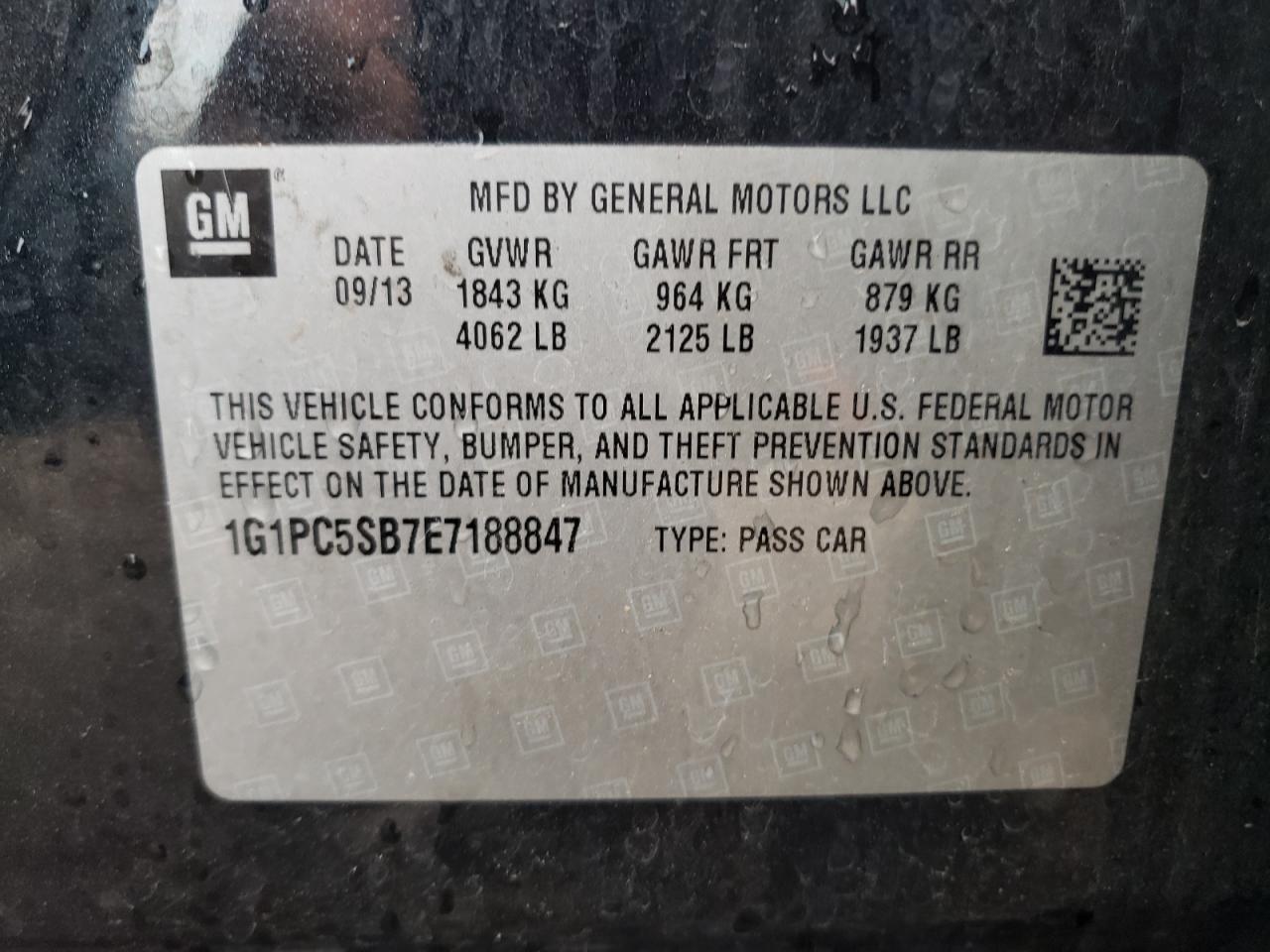 2014 Chevrolet Cruze Lt VIN: 1G1PC5SB7E7188847 Lot: 70160885