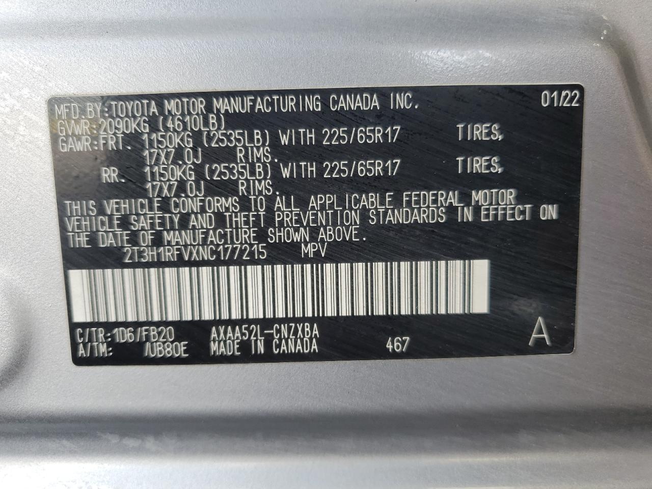 2022 Toyota Rav4 Le VIN: 2T3H1RFVXNC177215 Lot: 69549985