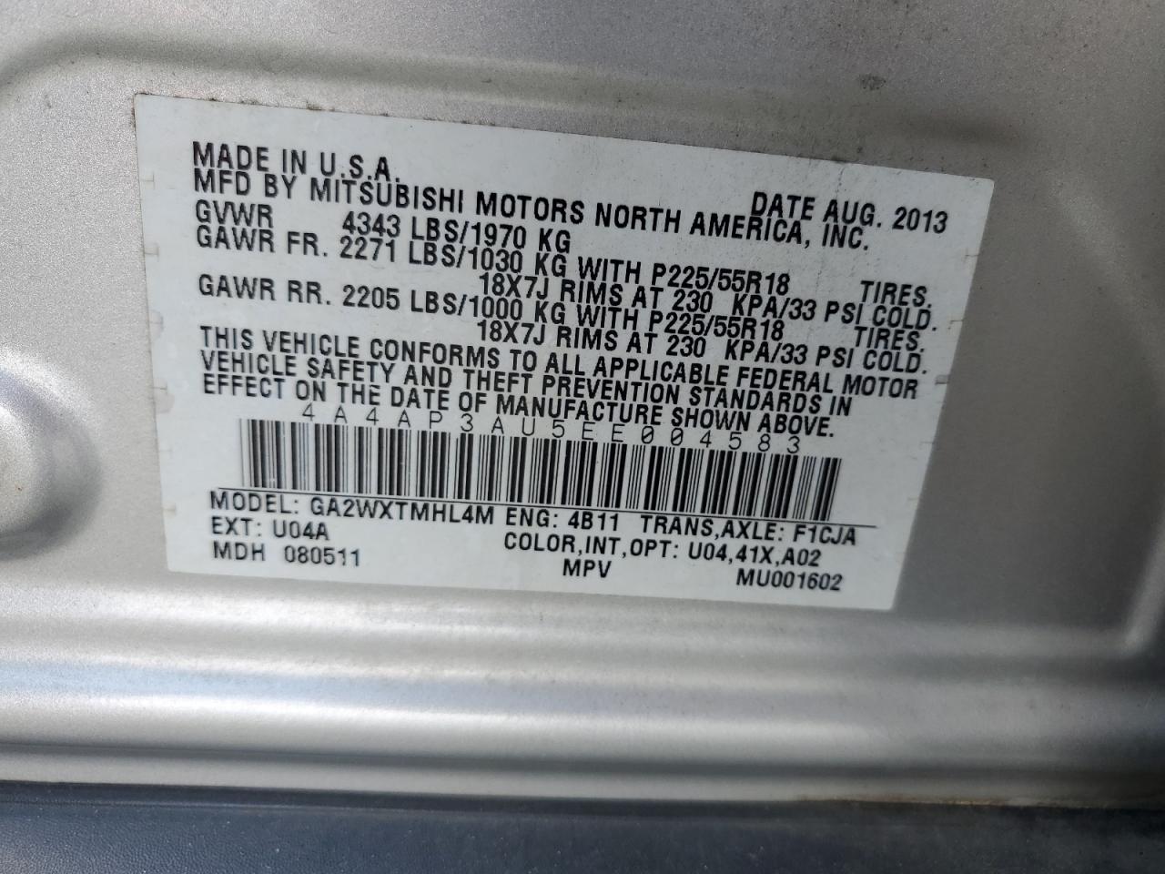 2014 Mitsubishi Outlander Sport Es VIN: 4A4AP3AU5EE004583 Lot: 70437975