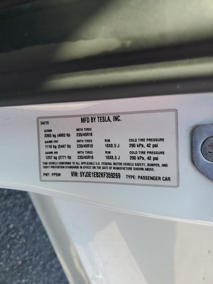 2019 Tesla Model 3 VIN: 5YJ3E1EB2KF359269 Lot: 70226195