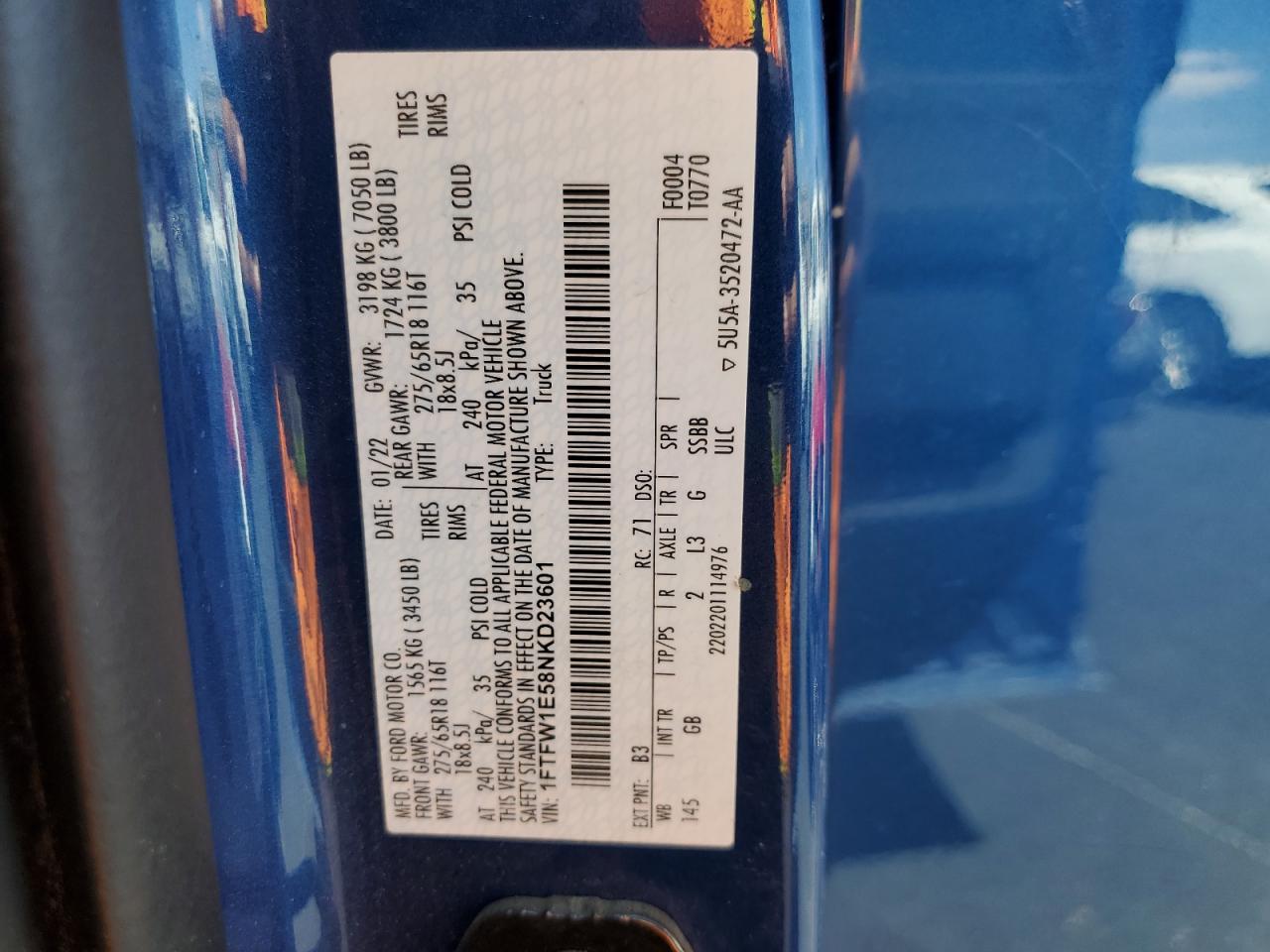 2022 Ford F150 Supercrew VIN: 1FTFW1E58NKD23601 Lot: 70208265