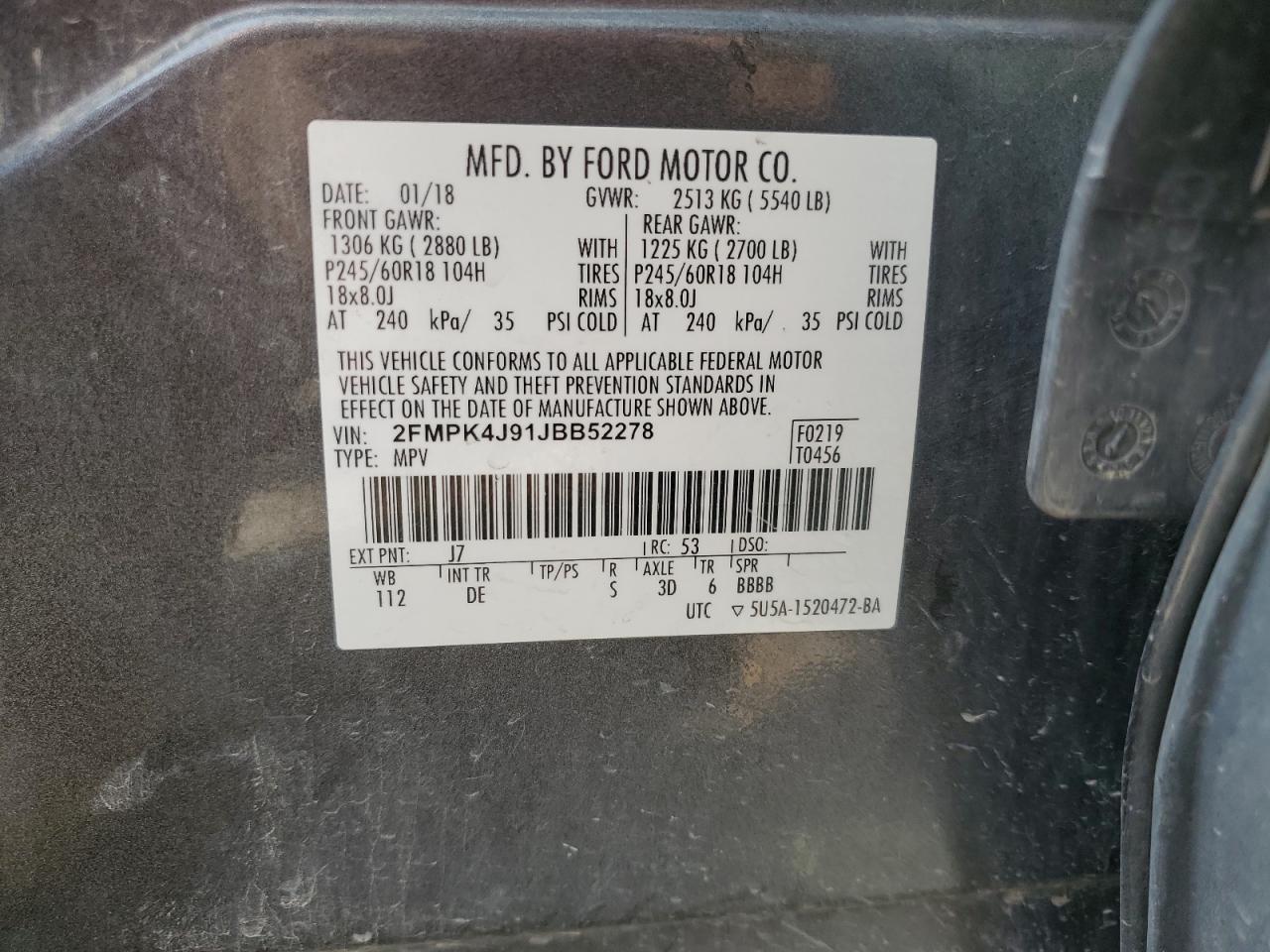 2018 Ford Edge Sel VIN: 2FMPK4J91JBB52278 Lot: 69145195