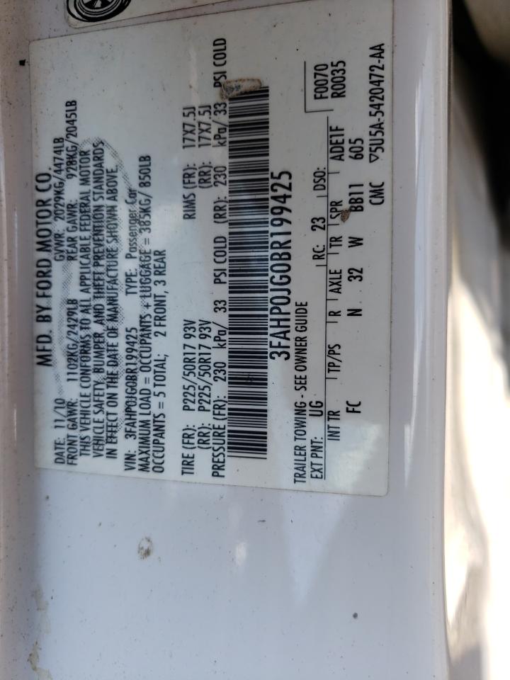 2011 Ford Fusion Sel VIN: 3FAHP0JG0BR199425 Lot: 69970155