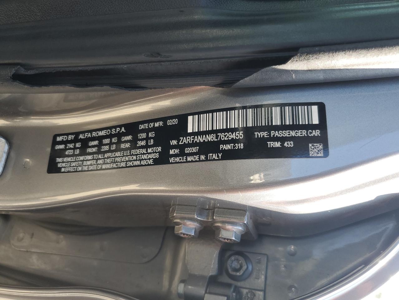2020 Alfa Romeo Giulia VIN: ZARFANAN6L7629455 Lot: 68445175
