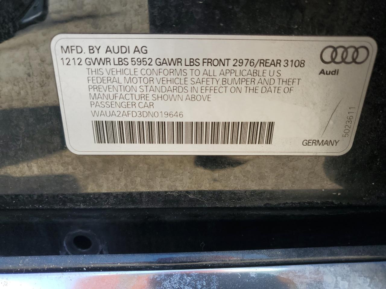 2013 Audi A8 Quattro VIN: WAUA2AFD3DN019646 Lot: 70025205