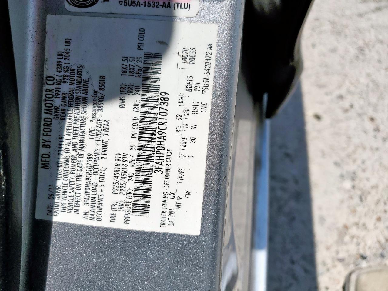 2012 Ford Fusion Se VIN: 3FAHP0HA9CR107389 Lot: 67140045