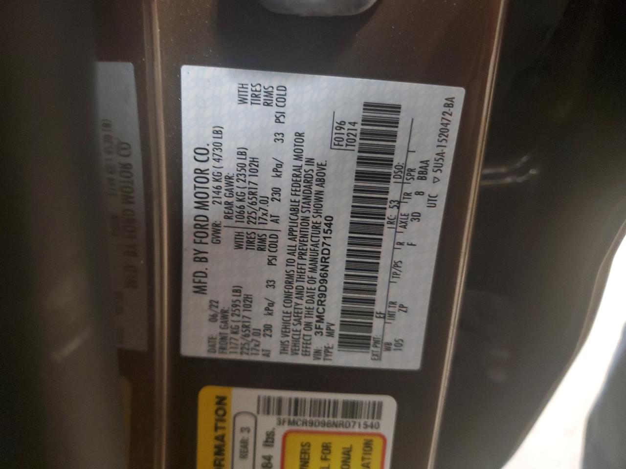 2022 Ford Bronco Sport Badlands VIN: 3FMCR9D96NRD71540 Lot: 69475655