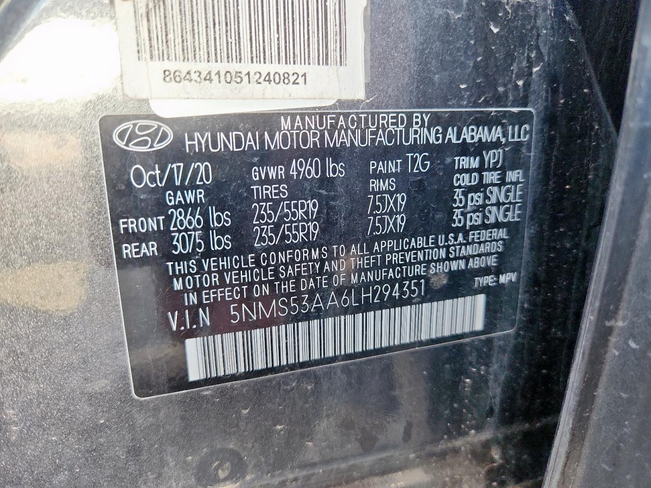 2020 Hyundai Santa Fe Limited VIN: 5NMS53AA6LH294351 Lot: 70368985