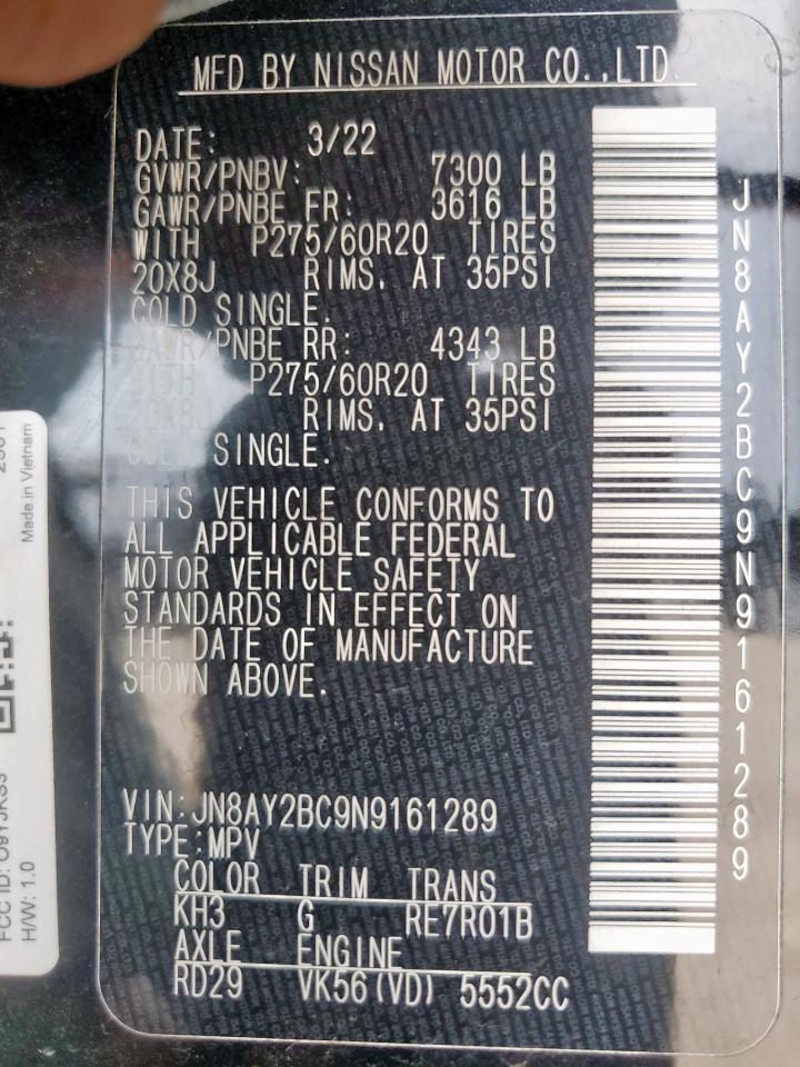 2022 Nissan Armada Sl VIN: JN8AY2BC9N9161289 Lot: 70603585