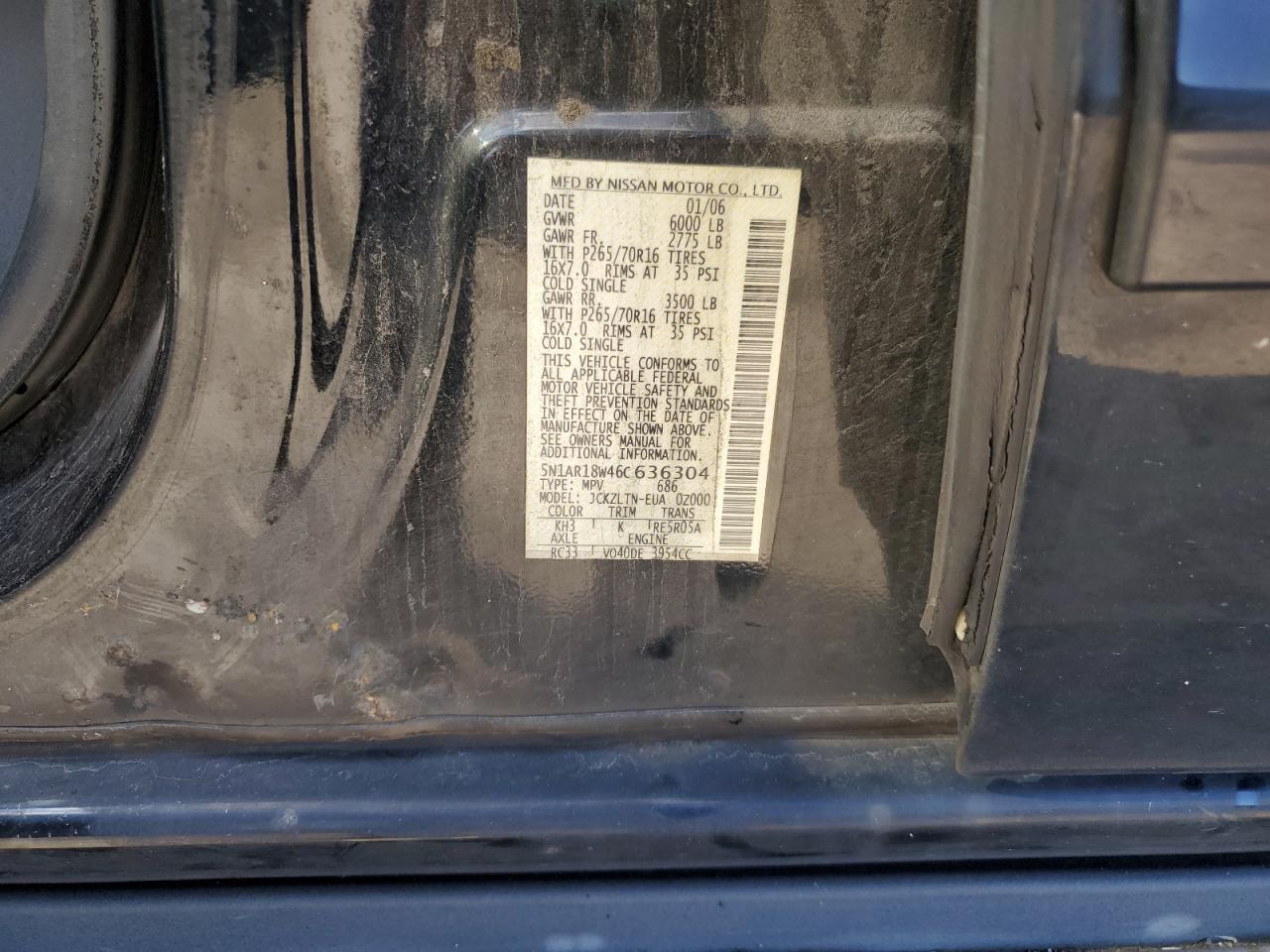 2006 Nissan Pathfinder Le VIN: 5N1AR18W46C636304 Lot: 69098175